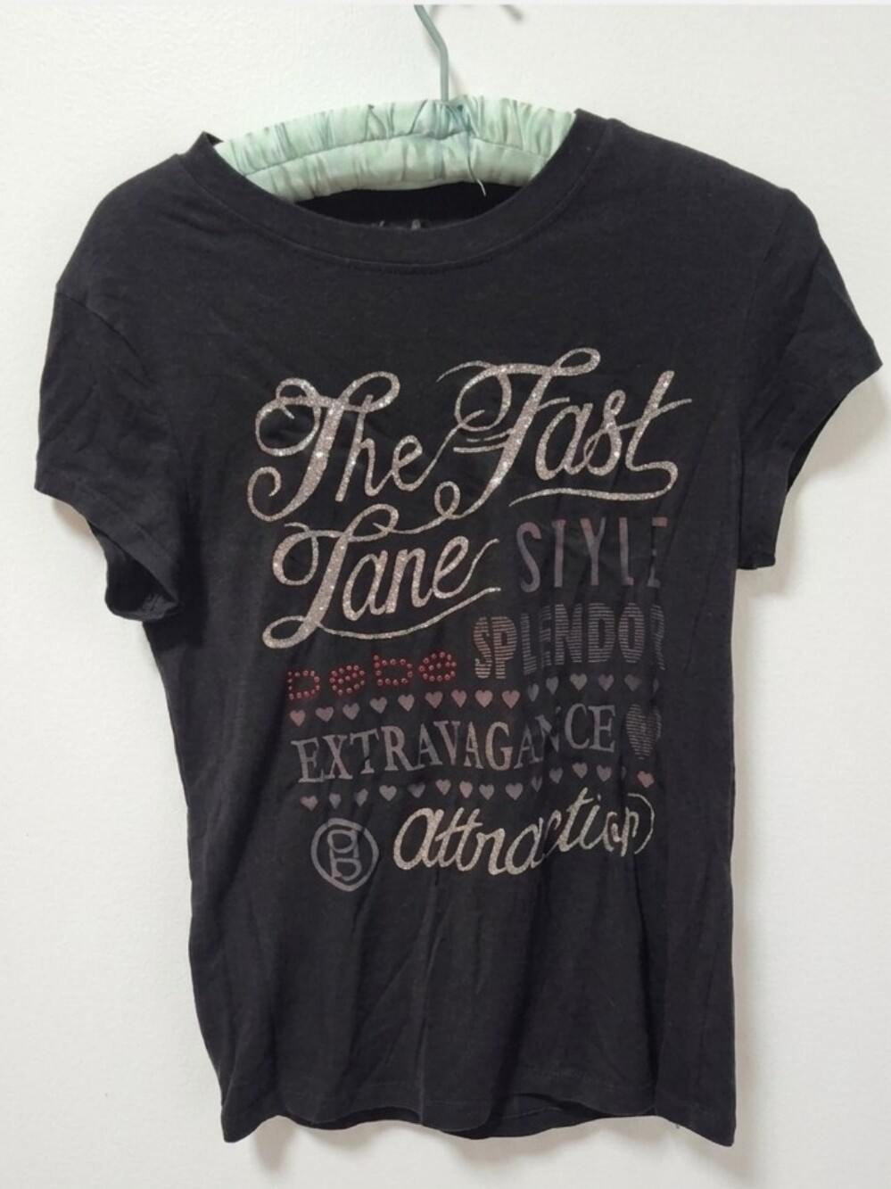 VTG bebe Y2K Rhinestone Graphic Baby Tee Black Large
